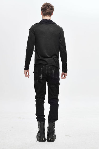 Black Ragged Turn-Down Collar Woolen Long Sleeve Irregular Hem Men's Punk T-Shirt