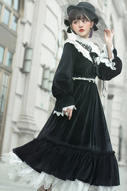 Black Silk Velvet Doll Collar Elegant Long Classic Lolita OP Dress