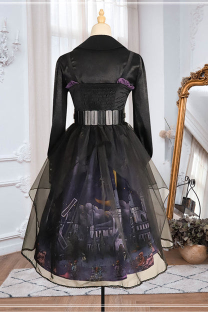 Black Witch Town Print With Veil Gothic Lolita JSK Dress