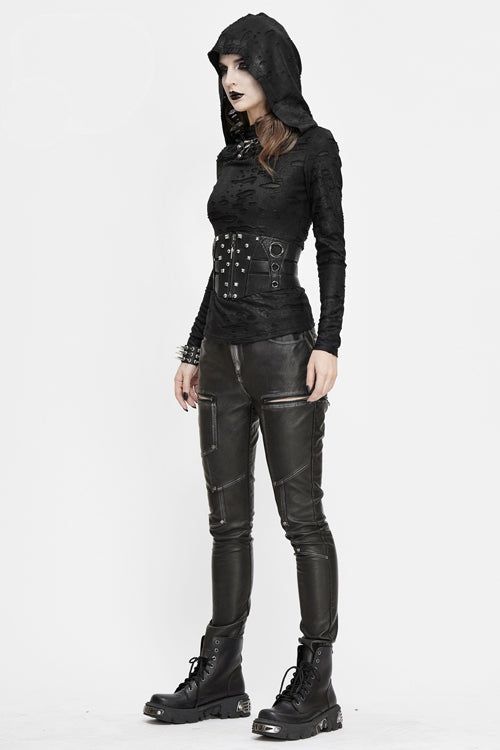 Black Punk Biker Block Shaped Patchwork Hand Rubbed Leather Womens Pants