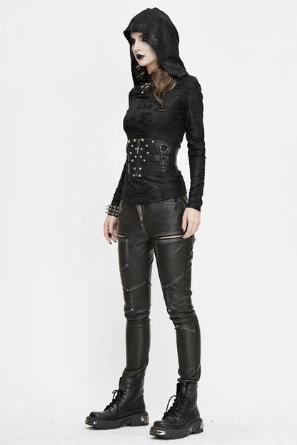Black Punk Biker Block Shaped Patchwork Hand Rubbed Leather Womens Pants
