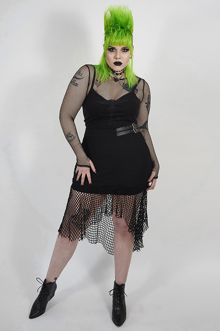 Black Side Leather Clasp Splice Rough Mesh Irregular Hem Plus Size Knit Women's Punk Fishtail Skirt