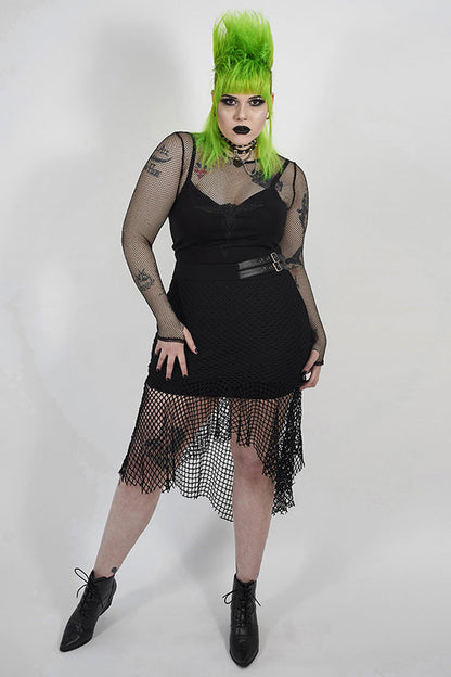 Black Side Leather Clasp Splice Rough Mesh Irregular Hem Plus Size Knit Women's Punk Fishtail Skirt