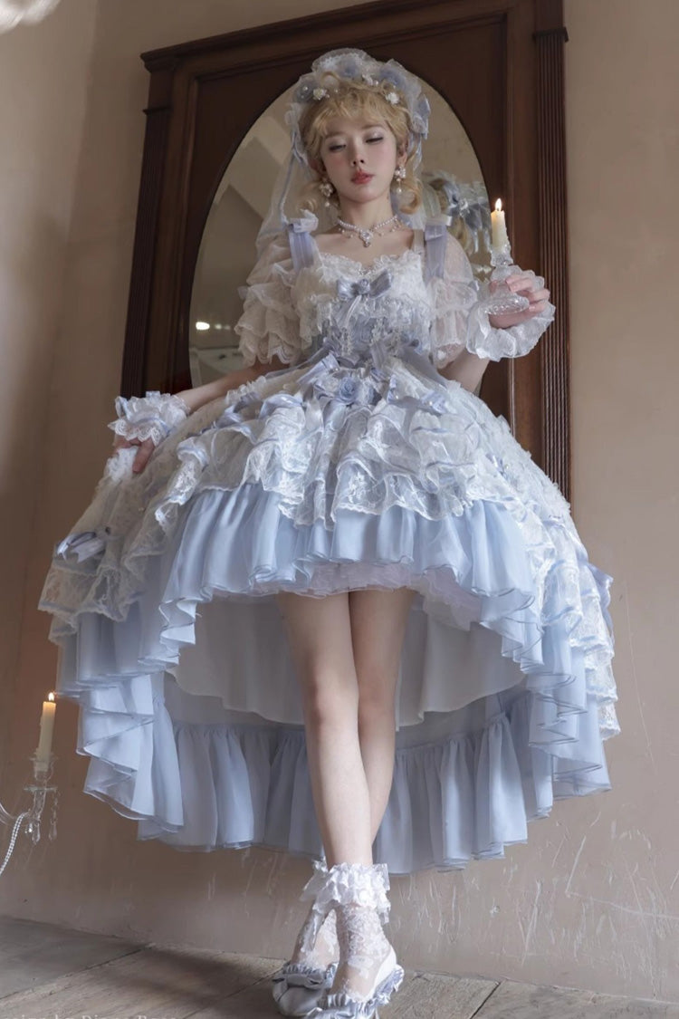 Blue [Diane Rose] Short Sleeves Multi-Layered Jacquard Ruffle Hanayome Cardigan Bowknot Lace Sweet Lolita Dress