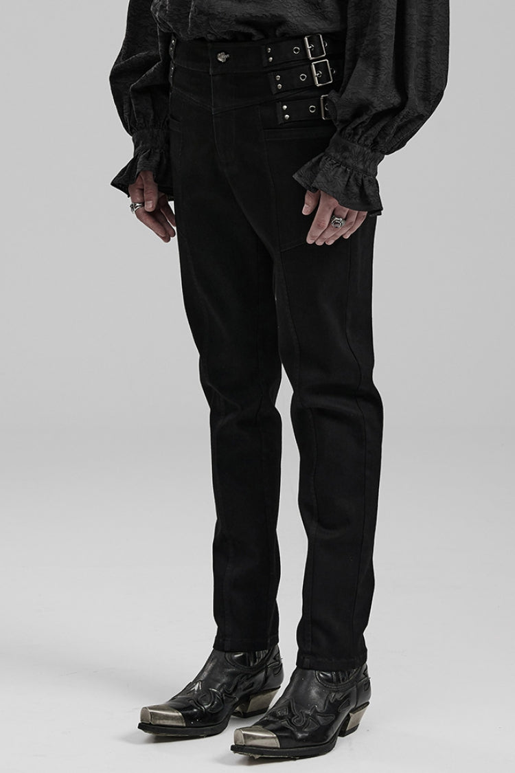 Black Slim Straps Symmetrical Men's Steampunk Straight Leg Pants
