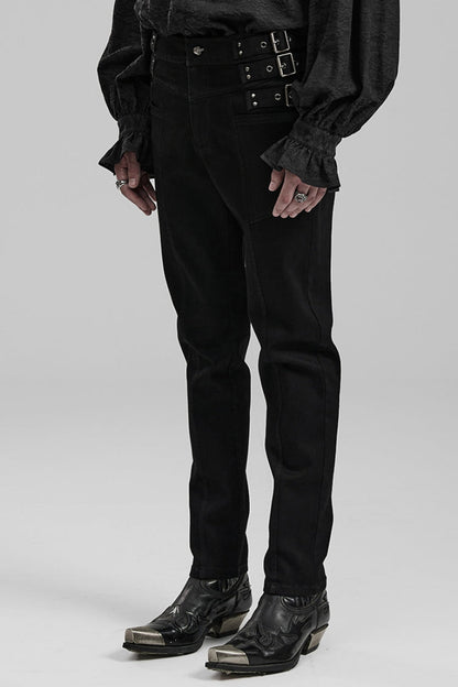 Black Slim Straps Symmetrical Men's Steampunk Straight Leg Pants