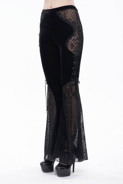 Black Translucent Velvet Jacquard Sexy Panel Lace-Up Plaid Flared Gothic Women's Pants