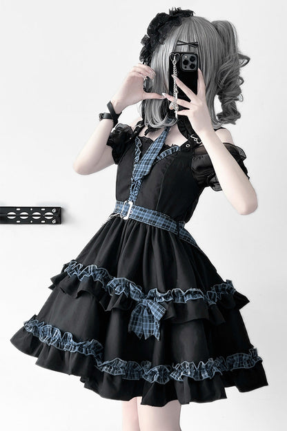 Black [Dark Night Starlight] Chain Ruffle Bowknot Lace Buckle Gothic College Style Lolita Dress Set