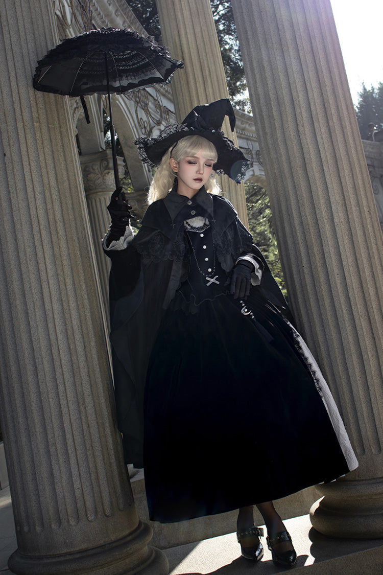 Black Witch Long Sleeves Ruffle Bowknot Stitching Lace Gothic Lolita Long Dress