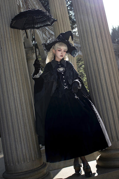 Black Witch Long Sleeves Ruffle Bowknot Stitching Lace Gothic Lolita Long Dress