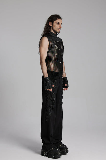 Black Stand Collar Sleeveless Mesh Triangle Eyelets Men's Punk Vest