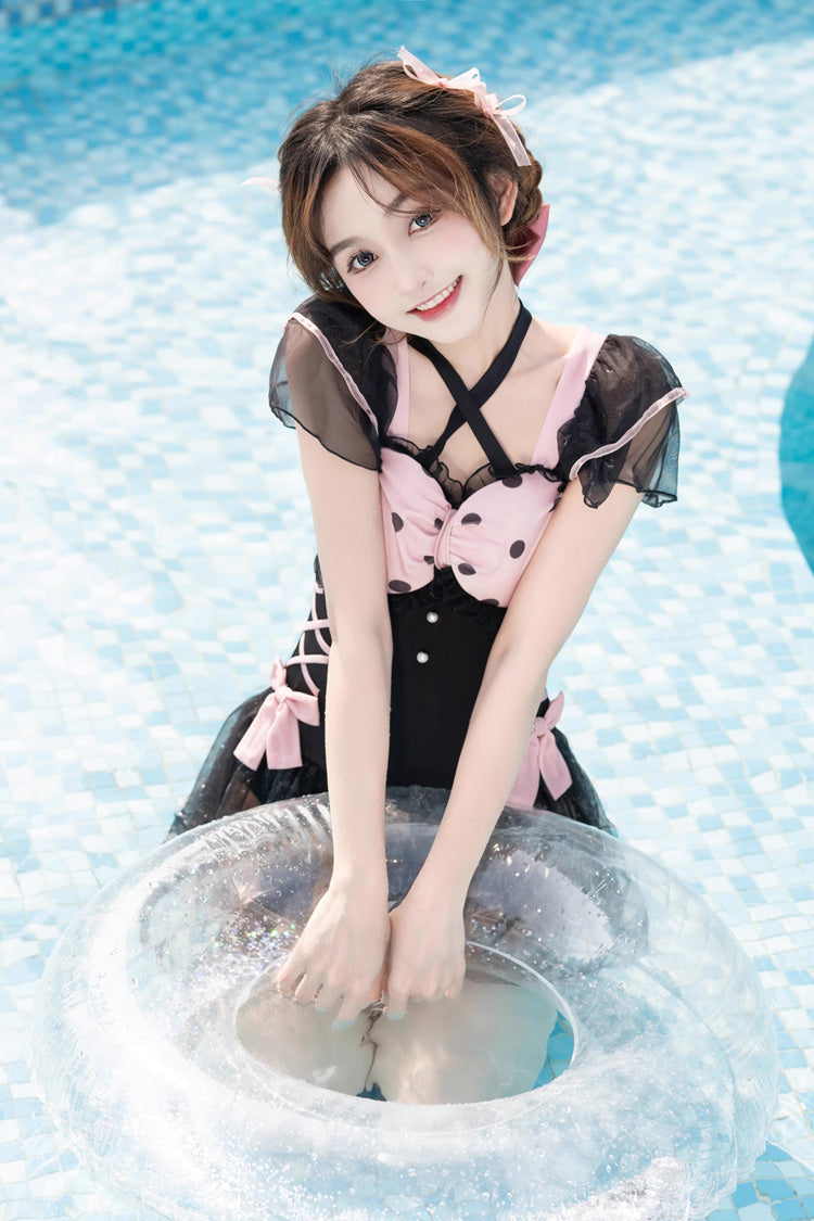 Black/Pink Blackberry Bubble Water Wave Dot Printing Bow Lolita One Piece Swimsuit