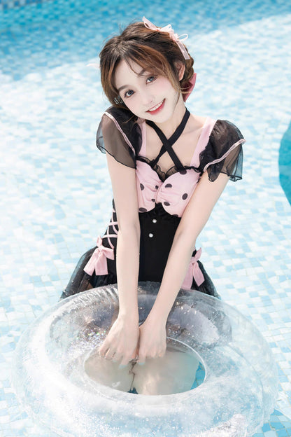 Black/Pink Blackberry Bubble Water Wave Dot Printing Bow Lolita One Piece Swimsuit