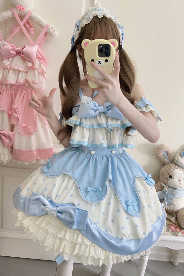Blue Cream Multi-Layered Polka Dots Print Ruffle Bowknot Sweet Lolita Jsk Dress
