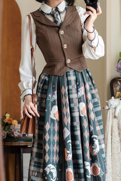 Brown V Collar Printed Classic Vintage College Style Ouji Lolita Vest