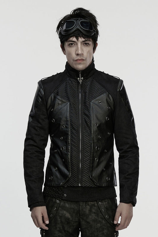 Black Stand Collar Long Sleeves Stitching Zipper Eyelet Men's Punk Jacket