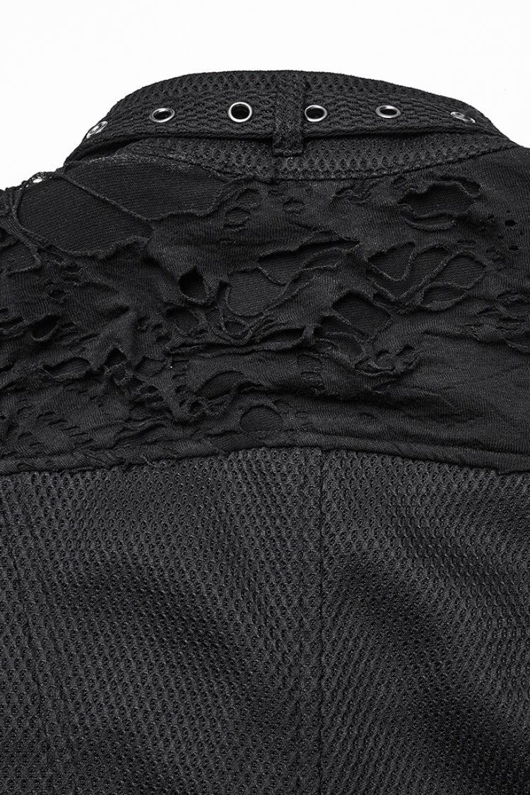Black Stand Collar Sleeveless Ripped Buckle Women's Punk Short Vest