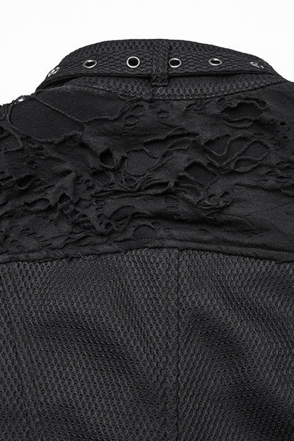 Black Stand Collar Sleeveless Ripped Buckle Women's Punk Short Vest
