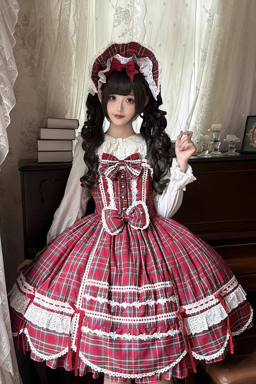 Red [Gingham Petal Bunny] Printed Ruffled Bow Sweet Lolita Jsk Dress