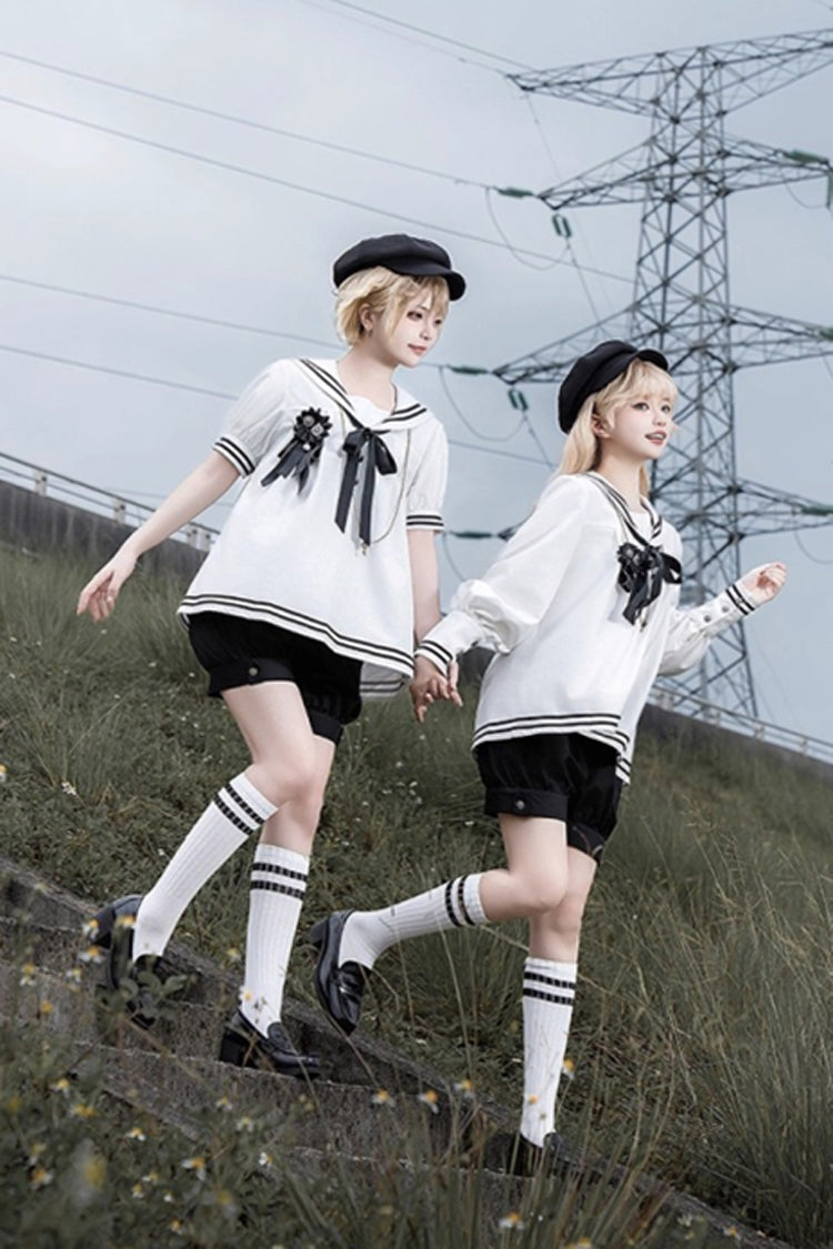 Black/White [Old Stories] Navy Collar Long Sleeves Bowknot Ouji Gothic Lolita Blouse Shorts Set