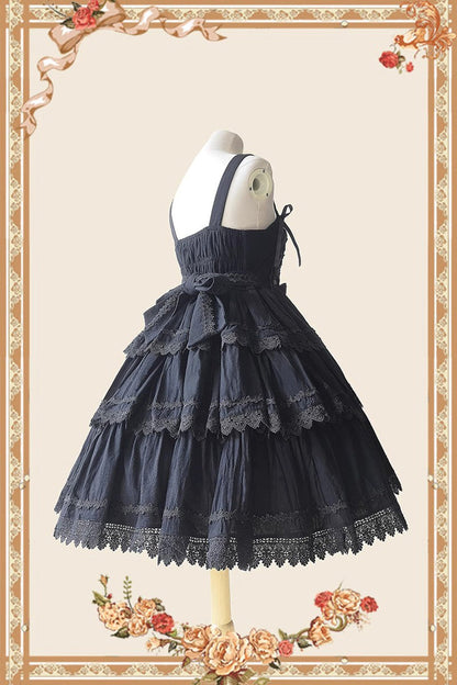 Black Three-section Cake Sleeveless Ribbon Sweet Lolita Tiered Dress