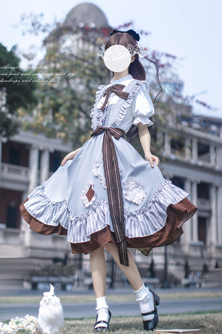 Blue [Magic Vocal Club] Sleeveless Print Ruffle Bowknot Sweet Alice College Style Elegant Lolita Jumper Dress