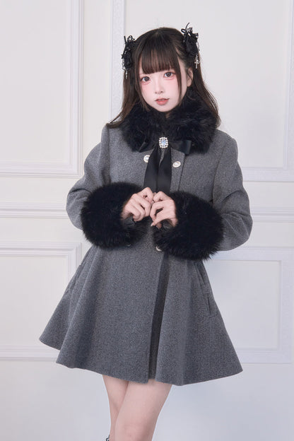 Grey Double-Breasted Long Sleeves Bowknot Japanese Sweet Lolita Coat