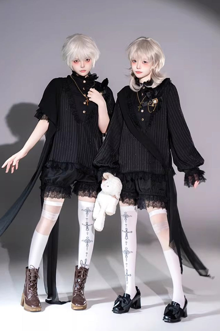 Black Stand Collar Long Short Sleeves Printed Ruffled Lace Gothic Ouji Lolita Set 2 Versions
