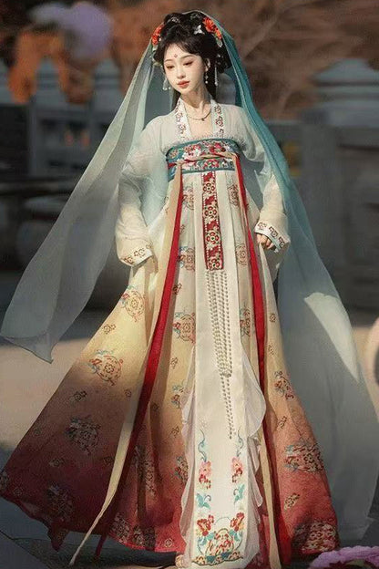 Blue/Pink High Waisted Print Embroidery Women's Classic Hanfu Dress Full Set