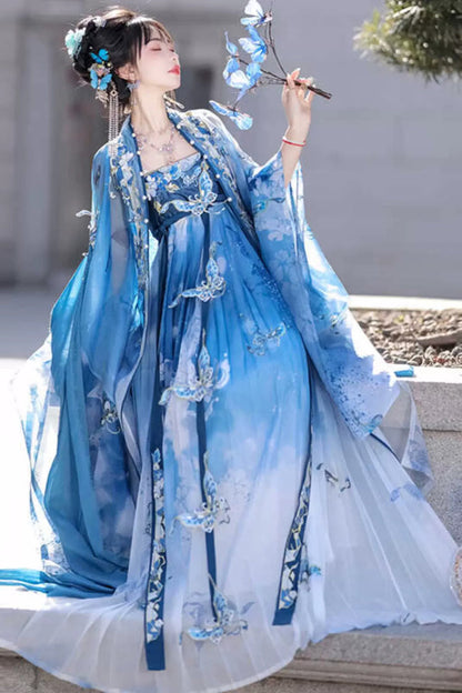 Blue Print Embroidery Women's Gorgeous Hanfu Dress Full Set