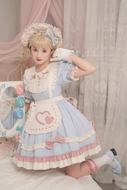 Blue Short Puff Sleeves Ruffle Bowknot Maid Sweet Princess Lolita Dress