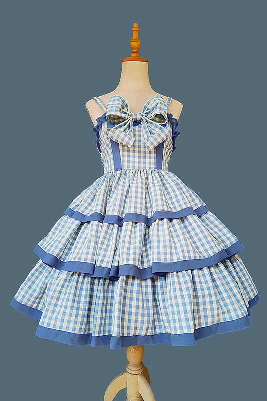 Blue [Cloth Cat] Triple-Layered Plaid Print Ruffle Bowknot Sweet Lolita Dress 2 Colors