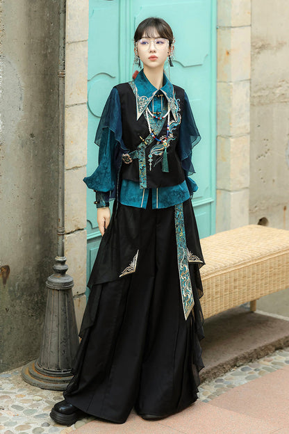 Black/Green Round Collar Long Sleeves Ruffle Embroidery Chinese Style Vintage Handsome Ouji Lolita Set
