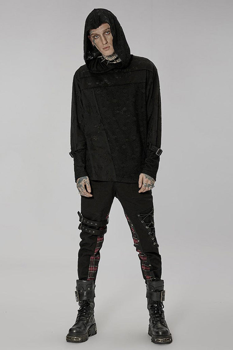 Black Punk Ripped Knit Mesh Surface Splicing Detachable Ring Sleeve Webbing Hooded Men's T-Shirt