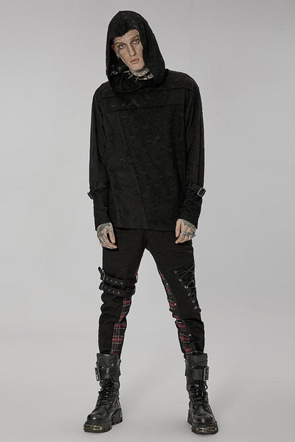 Black Punk Ripped Knit Mesh Surface Splicing Detachable Ring Sleeve Webbing Hooded Men's T-Shirt