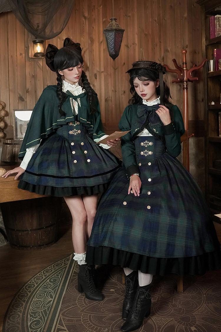 Blue/Green [Berlin's letter] Double-Layered Plaid Print Ruffle Bowknot Classic College Style Lolita Strap Dress Set 2 Versions