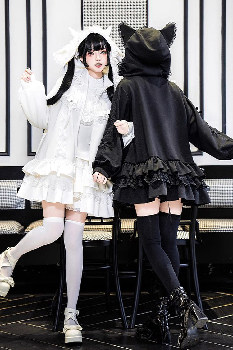 White Long Sleeves Ruffle Zipper Sweet Handsome Lolita Sweatshirt Coat