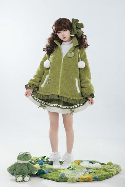 Green [Frog] Long Sleeves Bowknot Hooded Sweet Lolita Coat