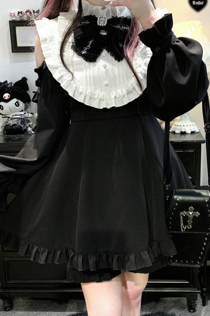 Black/White [Rose Princess] Off Shoulder Long Sleeves Ruffle Bowknot Gothic Jirai Kei Dress