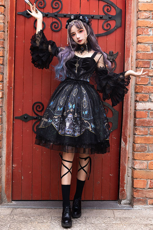 Black Square Collar Cemetery Butterfly Skull Print Lace Lantern Sleeves Multi-Layer Ruffled Gothic Lolita OP Dress