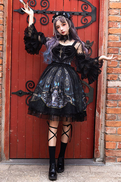 Black Square Collar Cemetery Butterfly Skull Print Lace Lantern Sleeves Multi-Layer Ruffled Gothic Lolita OP Dress