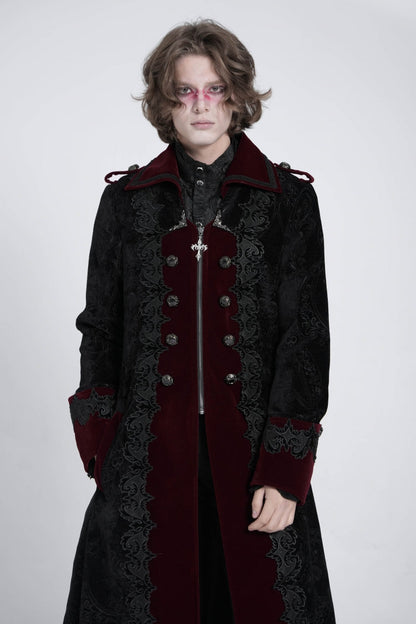 Black/Red Lapel Collar Embroidery Zipper Men's Gothic Handsome Coat