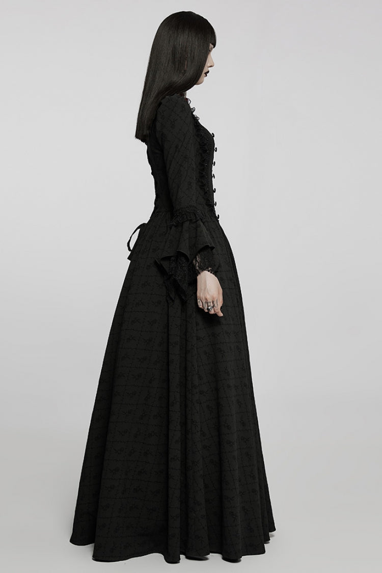 Black Square Collar Long Trumpet Sleeves Rose Print Lace Women's Gothic Elegant Dress