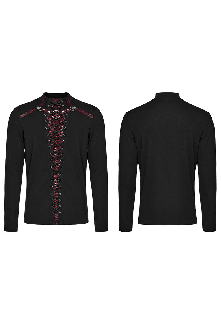 Black/Red Long Sleeves Stitching Lace-Up Ripped Men's Punk Blouse