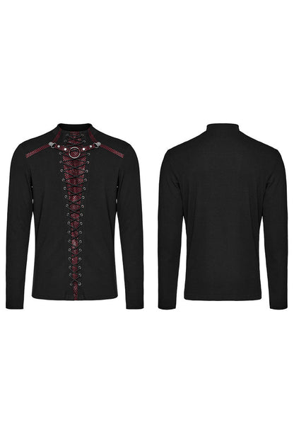 Black/Red Long Sleeves Stitching Lace-Up Ripped Men's Punk Blouse