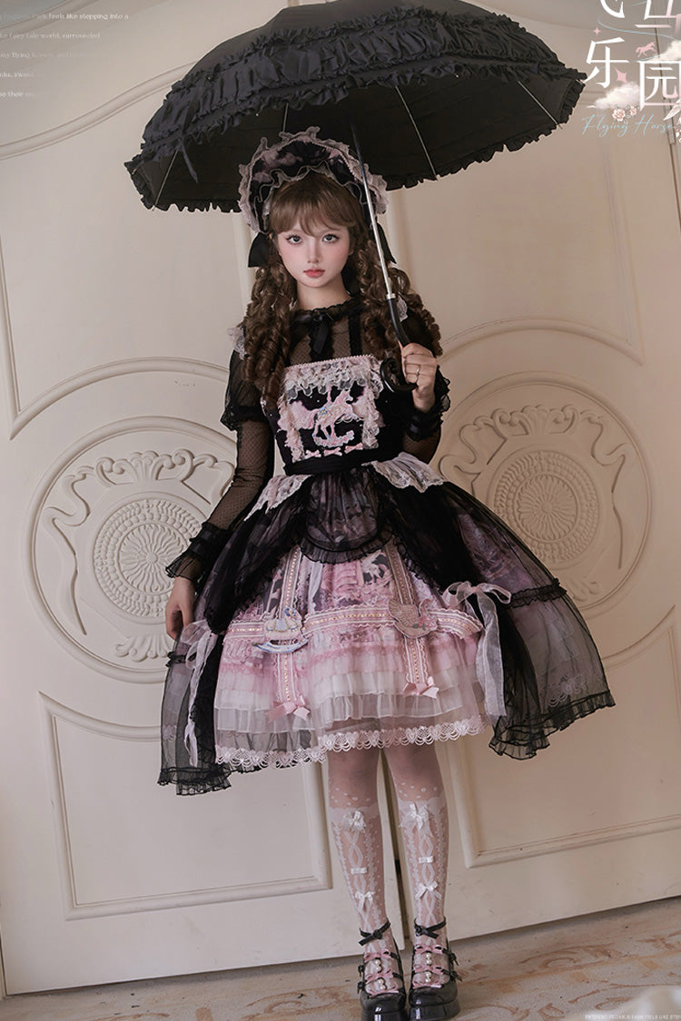 Black/Pink [Pegasus Park] Multi-Layered Print Ruffle Bowknot Lace Sweet Gorgeous Lolita Jsk Dress
