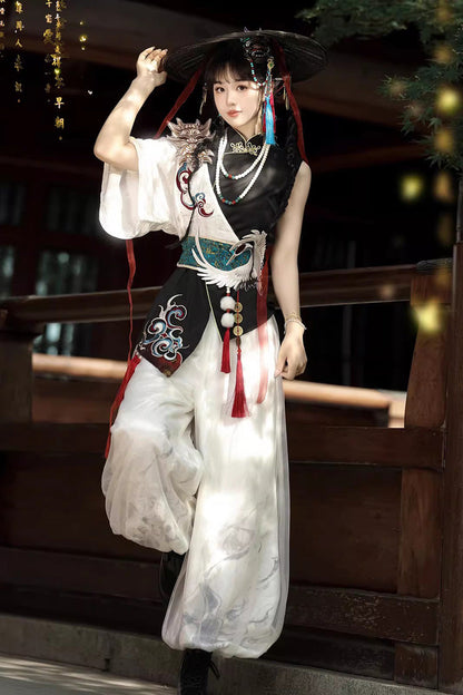Black/White Stand Collar Single Long Sleeve Printed Embroidered Asymmetric Chinese Style Ouji Set