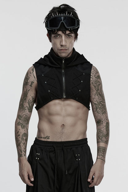 Black Stand Collar Sleeveless Hooded Zipper Men's Punk Vest