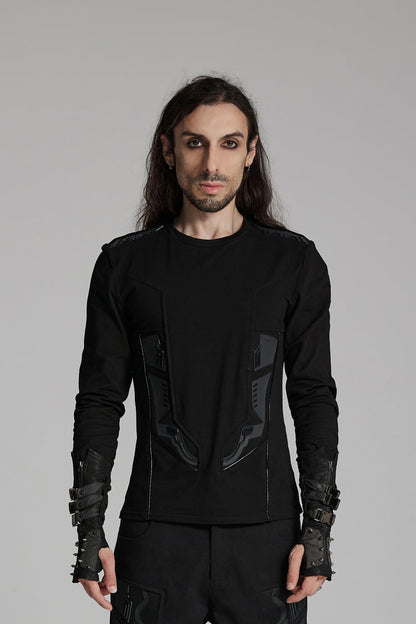 Black Round Collar Long Sleeves 3D Amor Patch Print Men's Punk T-Shirt