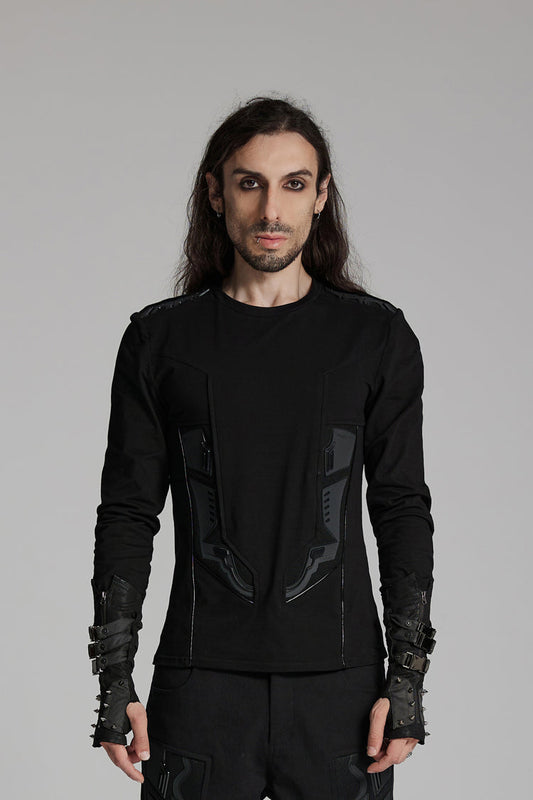 Black Round Collar Long Sleeves 3D Amor Patch Print Men's Punk T-Shirt